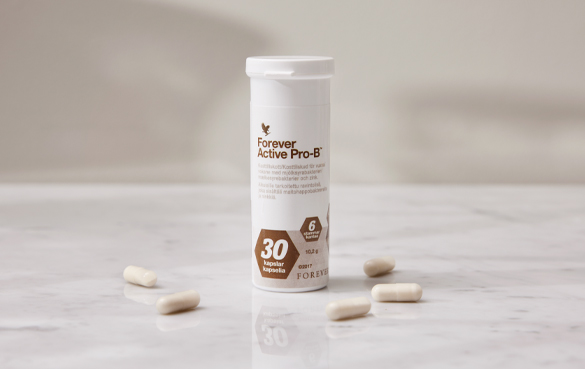 Forever Active Pro-B indeholder otte milliarder levende mælkesyrebakterier og mineralet zink. 